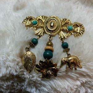 Boho Brooch with Charms Feather, Lotus and Elephant with bead accents